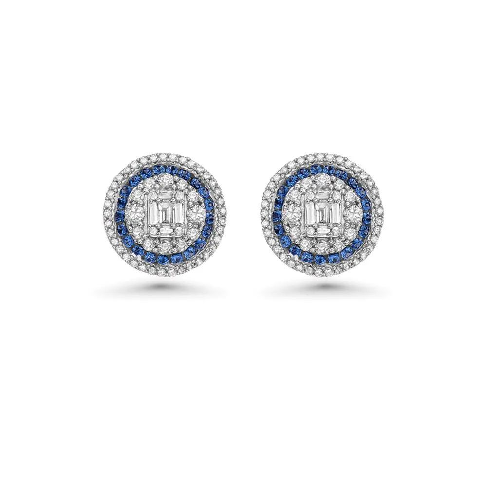 Triple Halo Diamonds & Blue Sapphires Round Shape Studs Earrings (1.00 ct.) in 14K Gold