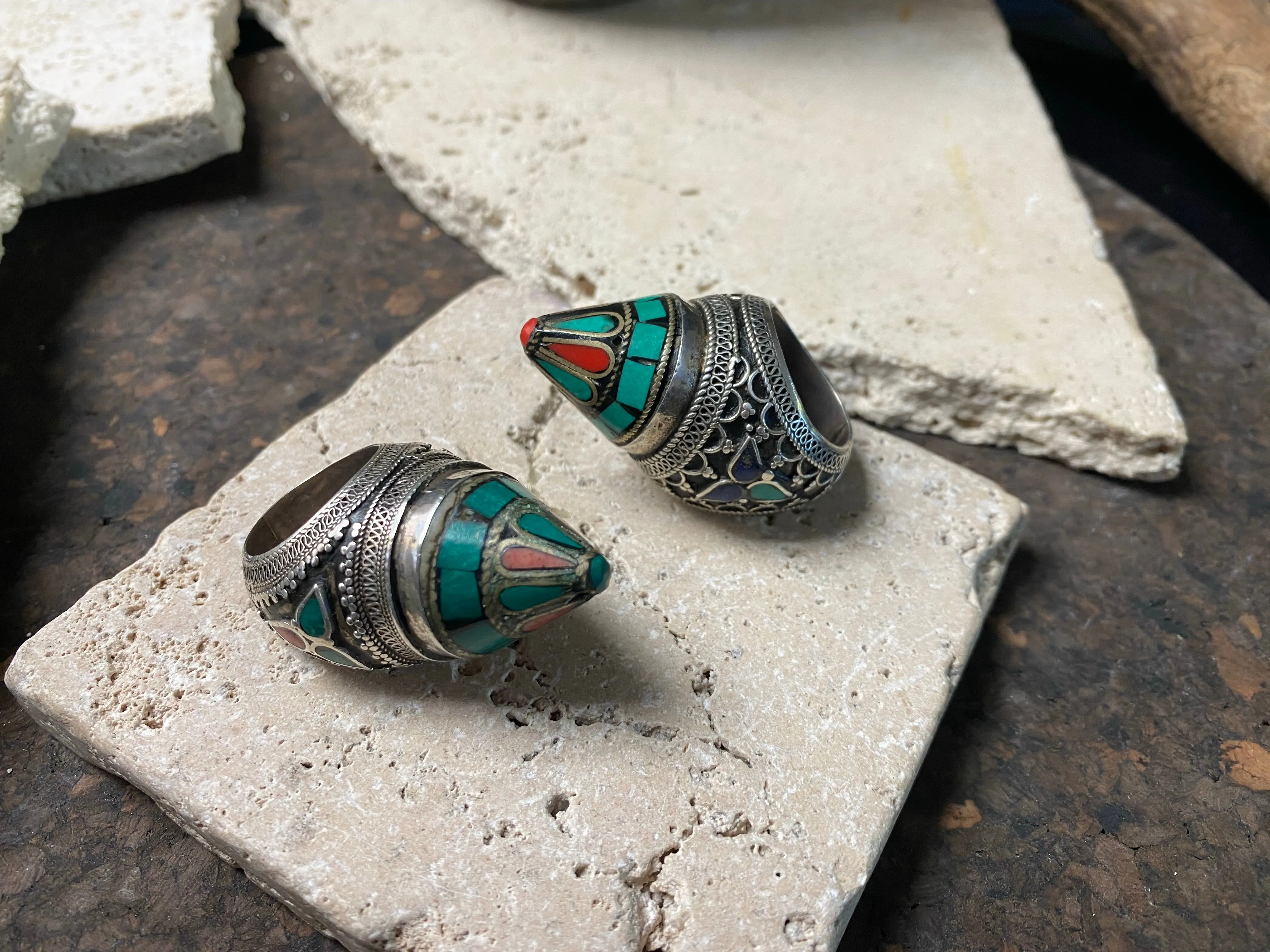 Turquoise, Coral and Silver Turkoman Ring