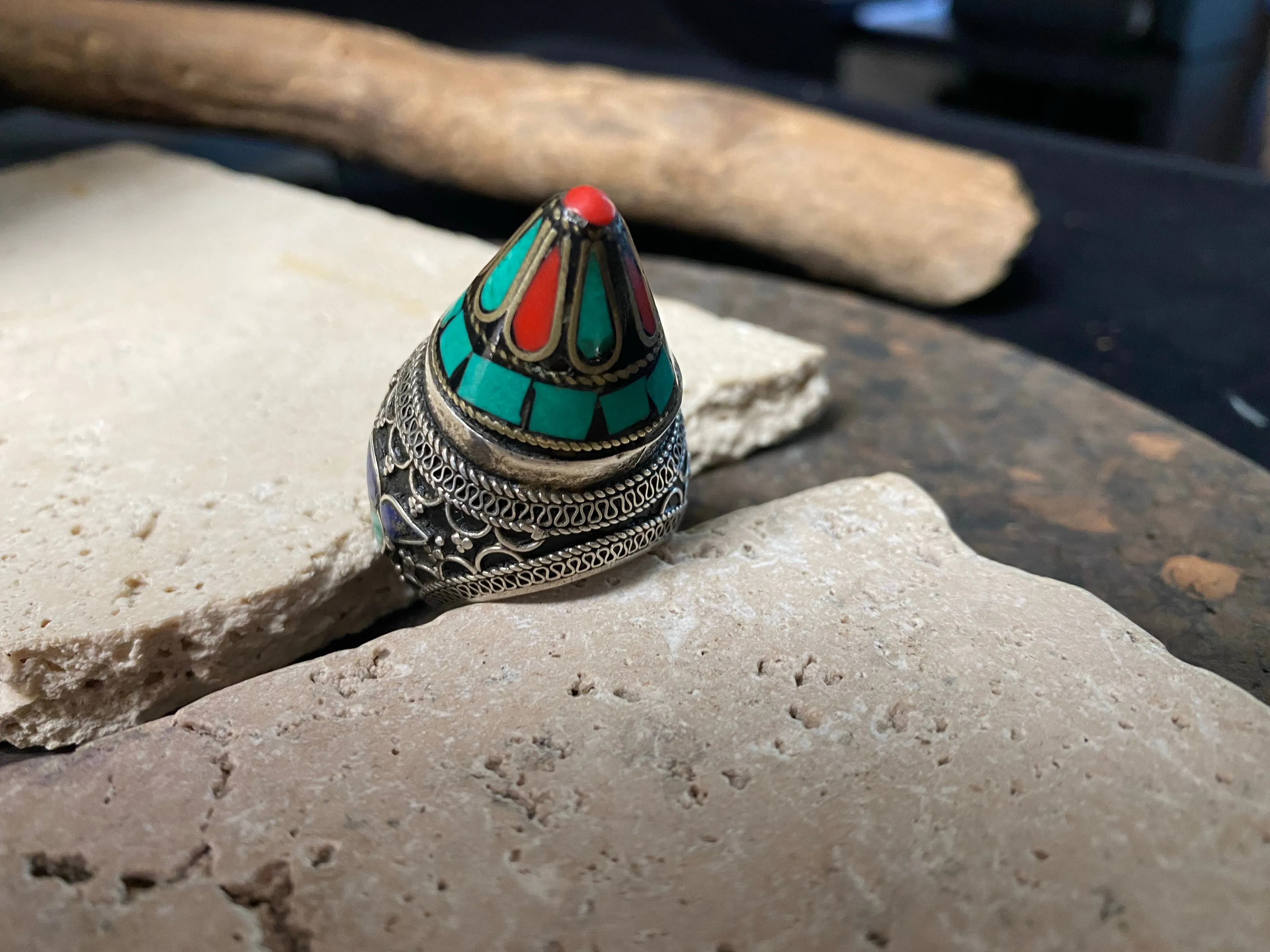 Turquoise, Coral and Silver Turkoman Ring