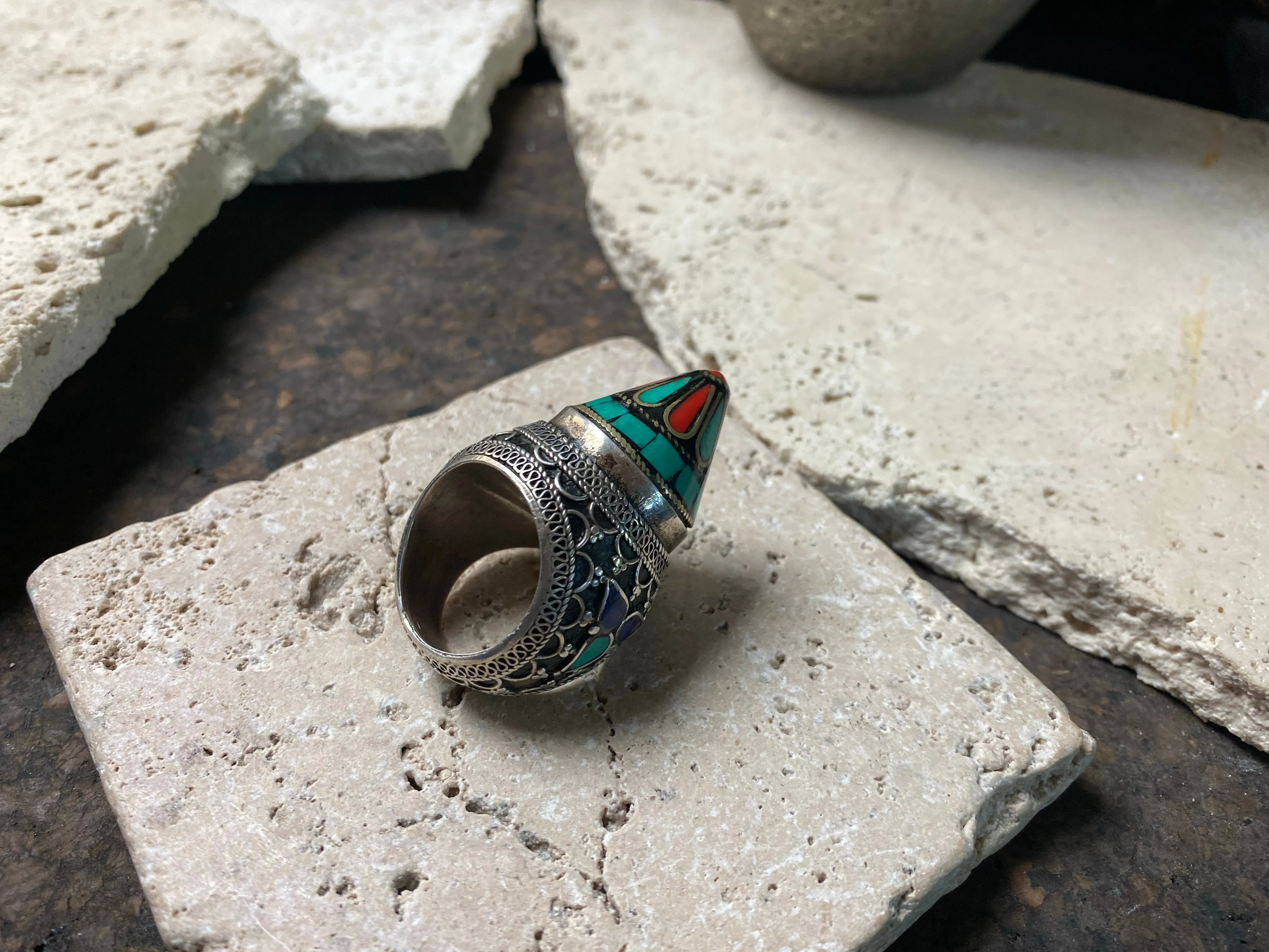 Turquoise, Coral and Silver Turkoman Ring