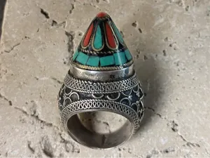 Turquoise, Coral and Silver Turkoman Ring