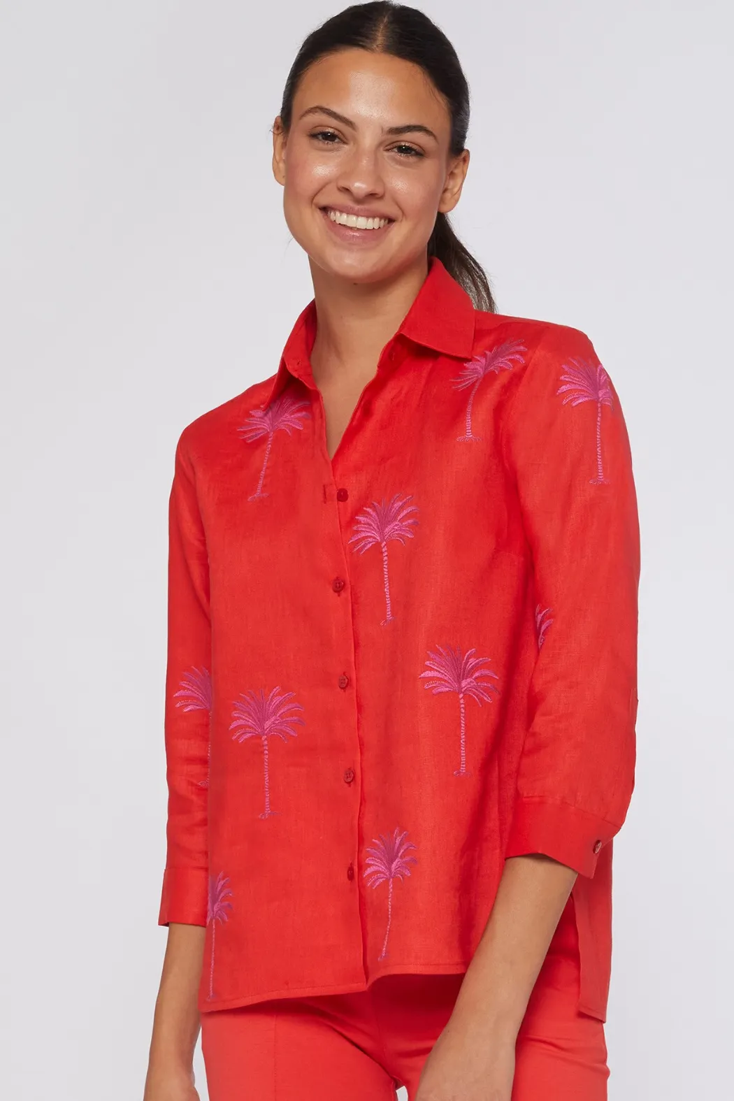 Vilagallo Sara Embellished Coral Linen Top