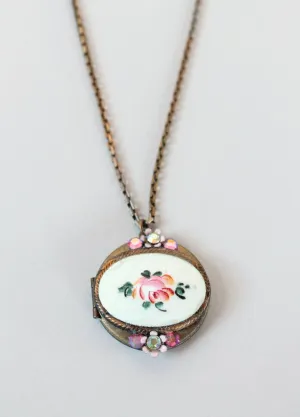 Vintage 1950s Rose Guilloche and Rhinestone Locket Necklace