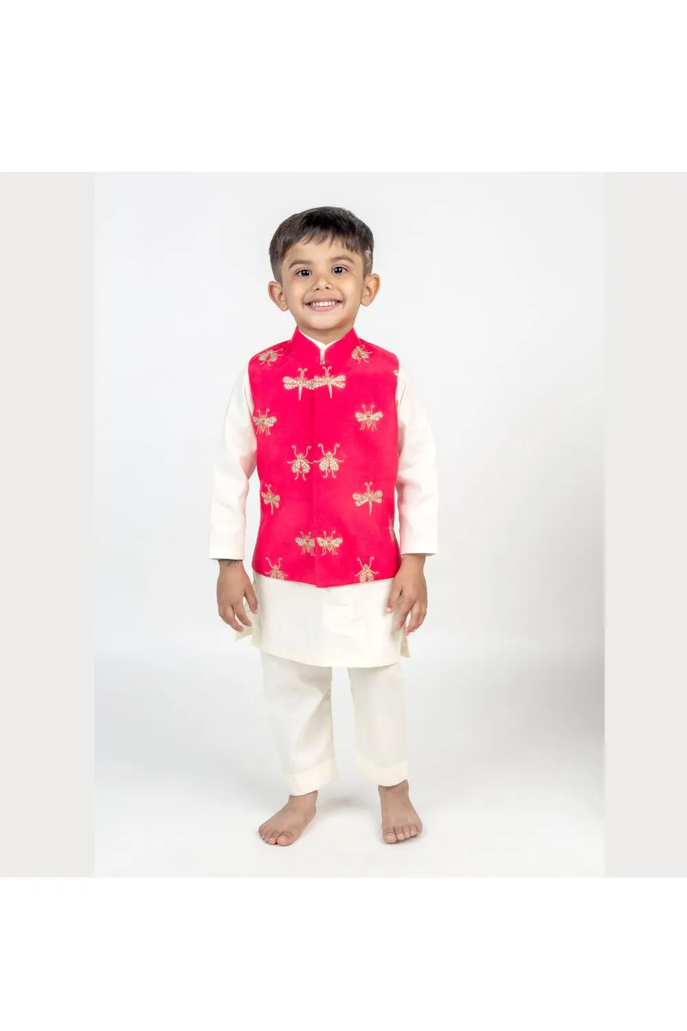 White Cotton Kurta With Hand Embroidered Dragonfly Jacket Set