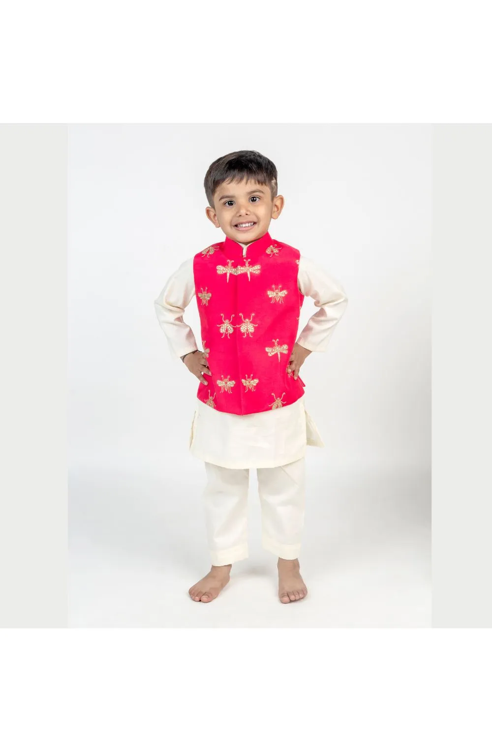 White Cotton Kurta With Hand Embroidered Dragonfly Jacket Set