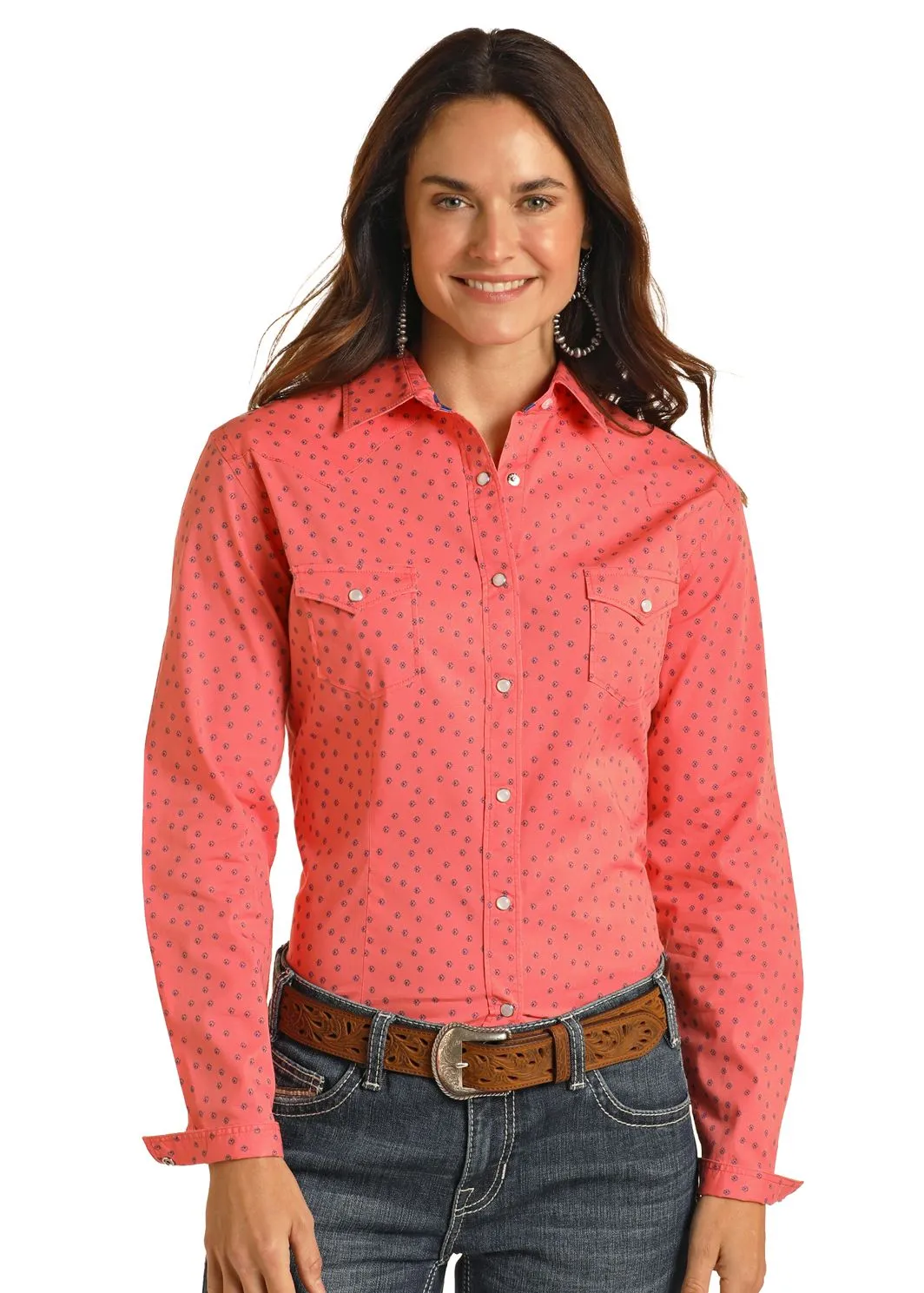 Women's Panhandle Rough Stock Coral Print Long Sleeve Snap Shirt